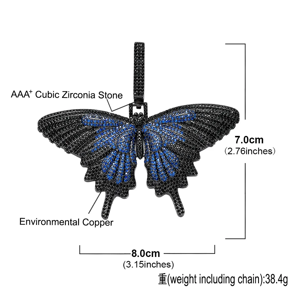 Новинка,, подвеска в стиле хип-хоп, со льдом, CZ, с дизайном бабочки, Золотая теннисная кубинская цепочка, ожерелье, цветное ожерелье для мужчин