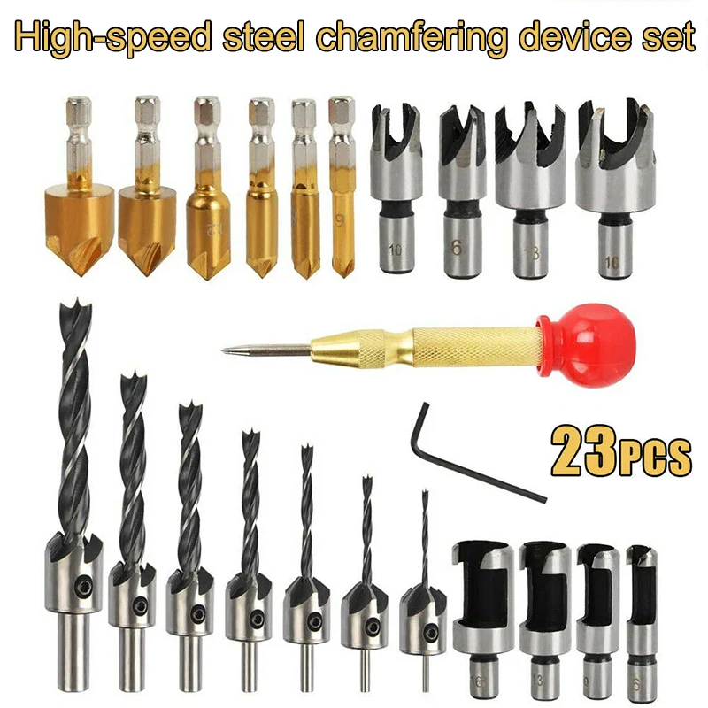 

23pcs Woodworking Chamfer Drilling Tool HCS Countersink Drill Bits With Automatic center punch Wood Plug Cutter Chamfer Tool