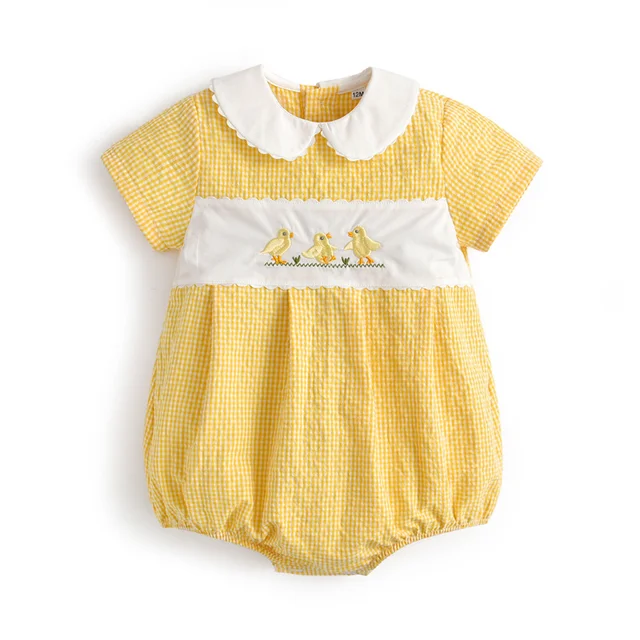 Spanish Baby Girl Plaid Romper Summer Newborn Embroidery Flower Cotton Jumpsuit Infant Baptism Yellow Rompers Toddler Clothes Yellow Romper