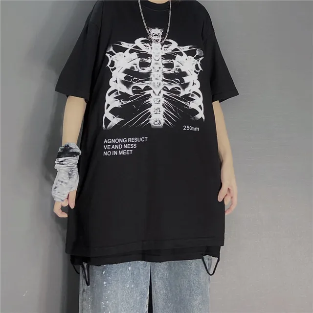 Dark Skull Bones Heart and Lung Print Funny Skull T shirt Ladies Punk Top Summer Short