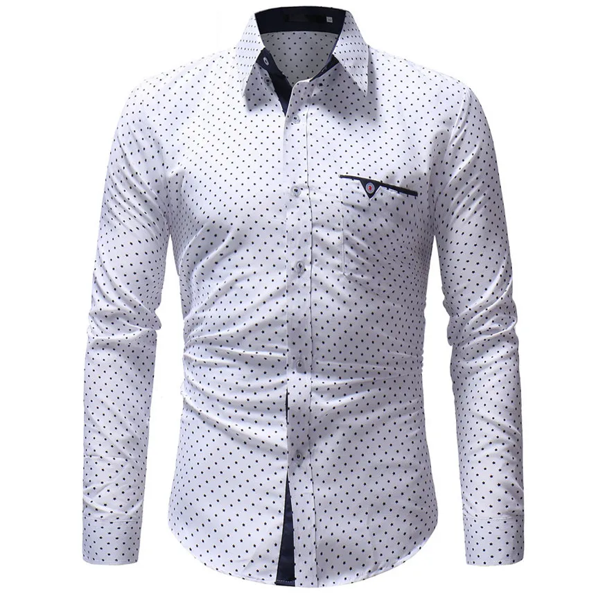 KLV, Мужская Осенняя Повседневная официальная приталенная рубашка в горошек с длинным рукавом, топ, блузка, теплая рубашка с рукавом, рубашки в британском стиле - Цвет: White
