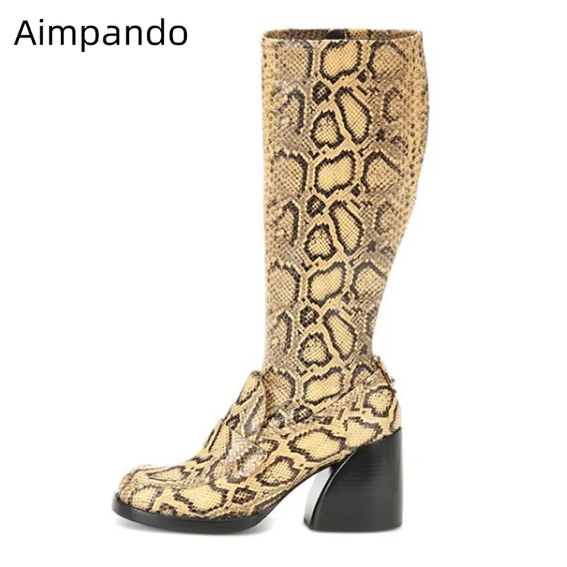 

Serpentine Pattern Boots Women Side Zip Slim Mid Calf Bottes Square Toe Patchwork Botas Square High Heel Knight Boots Women 2020