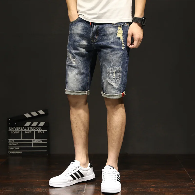 Летние тонкие мужские джинсовые шорты в Корейском стиле Slim Fit с дырочками Модные 5 шорты Летняя одежда для подростков, штаны-шаровары