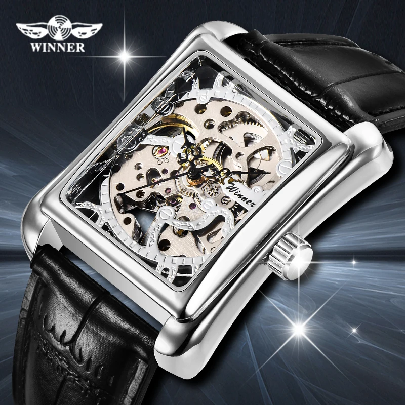 

NEW Winner Brand Watches Men Rectangle Mechanical Hand Wind Watches Male Golden Skeleton Dial Artificial Leather Wristwatches