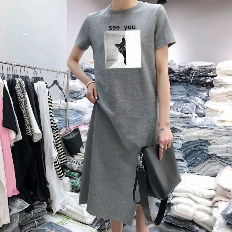 Летнее женское платье с коротким рукавом Tshirtdress рисунком собаки из мультфильма