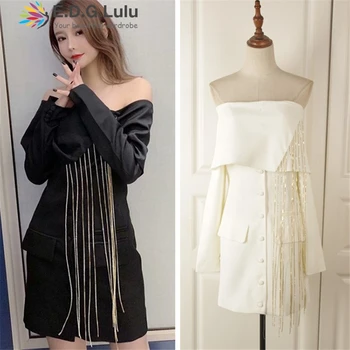 

EDGLuLu designer dresses runway 2019 off the shoulder fringed chain long-sleeved backless black chic sexy elegant mini dress