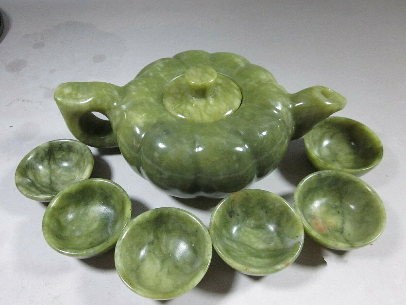 Chinese green jade hand carved statues Teapot cups amp Pumpkin one set