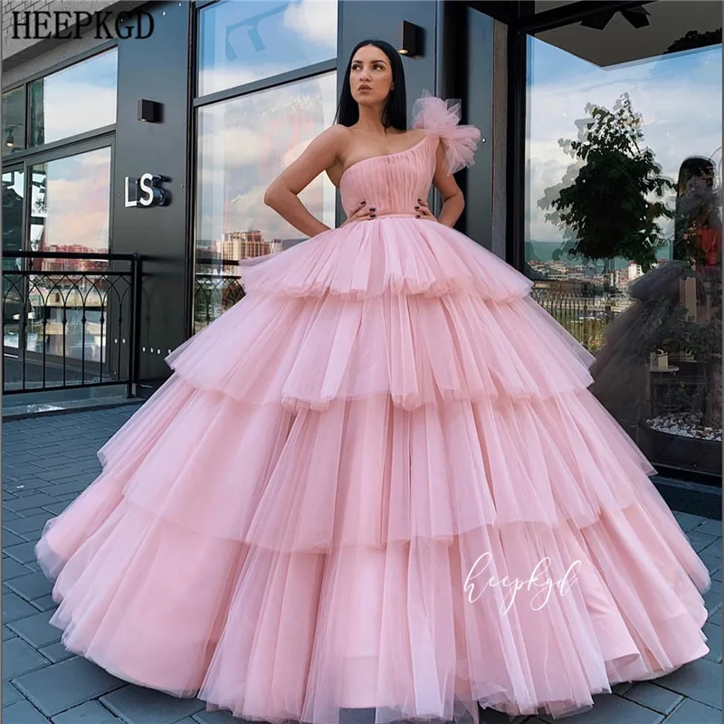 Розовый Abendkleider розовое Пышное Бальное платье Формальное вечернее платье на одно плечо длиной до пола для особых случаев женские платья на заказ - Цвет: Розовый