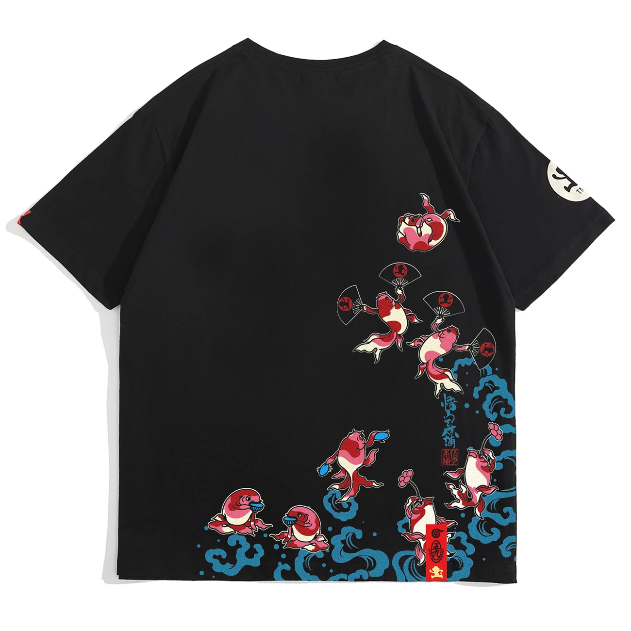 

LACIBLE Streetwear Harajuku Hip Hop T Shirt Men Fish Chinese Kanji Print T-Shirt Cotton 2021 Summer Casual Short Sleeve Black