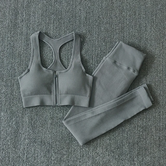 Seamless Women Yoga Set Workout Sportswear Gym Clothing Zipper Long Sleeve High Waist Leggings Fitness Bra Athletic Sports Suits BraPantsGray