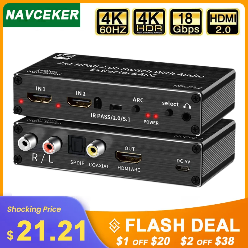 US $21.49 Mini 2x1 4K HDMI Switch Audio Extractor With ARC Amp Optical Toslink HDMI 20 Switch 4K 60Hz HDMI Switcher Remote For Apple TV PS4