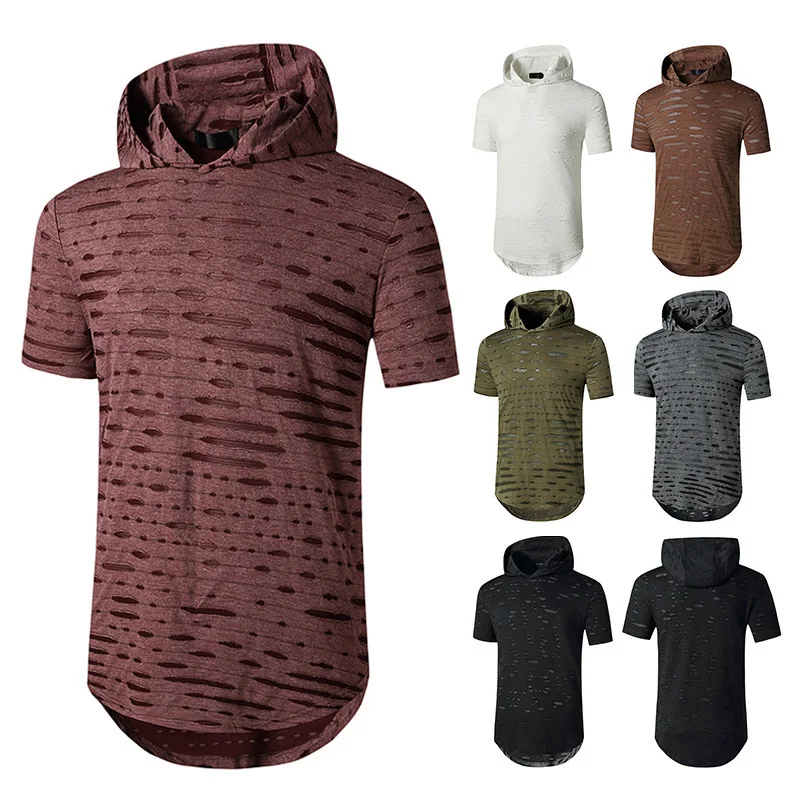 

2021 Summer New European Hip Hop Hole T-shirt Men's Long Men's Casual Short Sleeve T-shirt