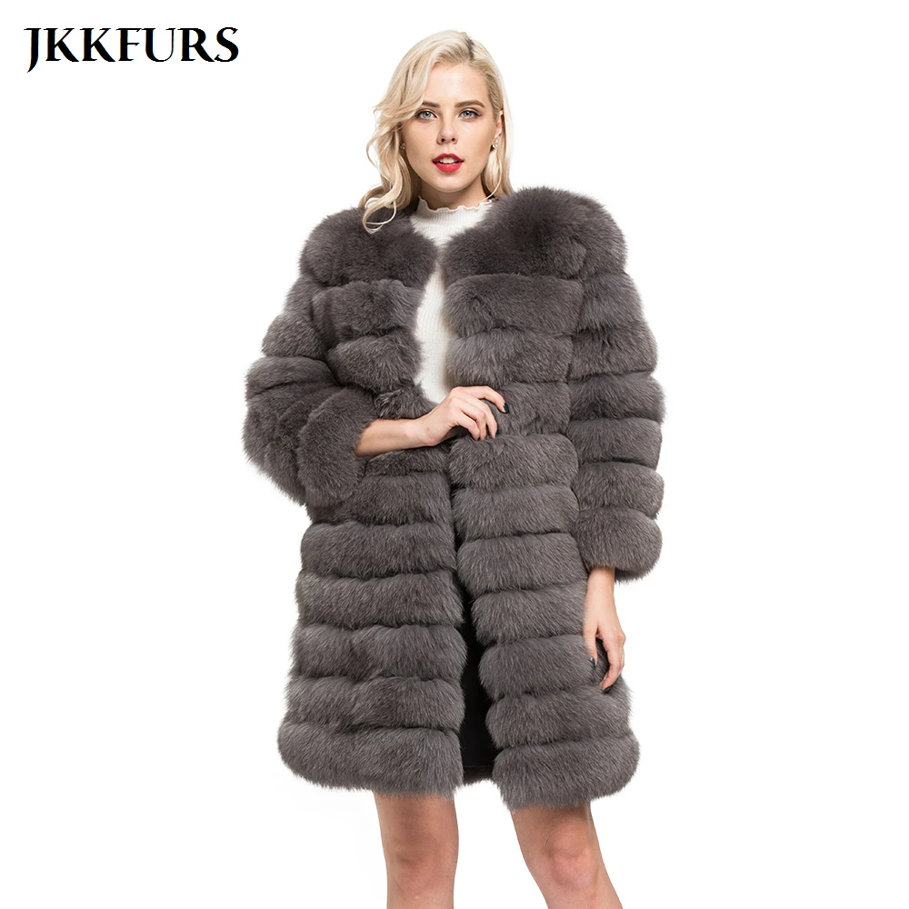 JKKFURS 2019 зимние теплые длинные пальто из натурального Лисьего меха 11 рядов женская