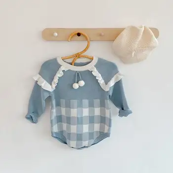 

2020 Baby Romper Knitted Long Sleeve Plaid Pattern Blue Colour Sweet Infant Clothing