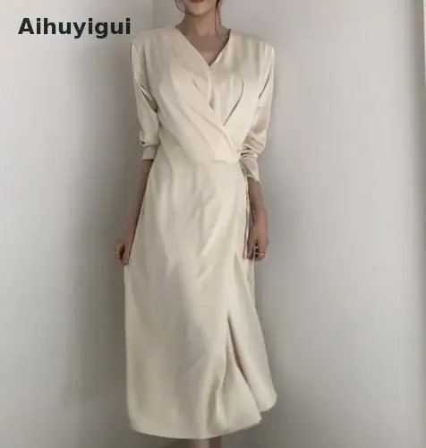 Новинка 2019 Осеннее женское однотонное платье Aihuyigui на шнуровке нежное мягкое