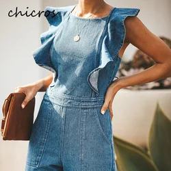 Chicros feminino babados denim um pedaço terno rendas até vestido denim macacão moda denim saia o novo
