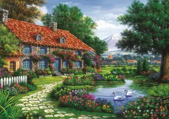 

JMINE Div 5D Garden Swans Mountain Country Cabin House Tree Full Diamond Painting kits art Scenic 3D paint by diamonds