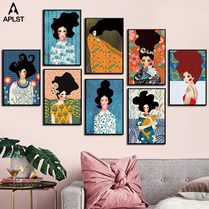 

Women Posters Vintage Bubble Gum Girl Flower Canvas Prints Lady Figure Painting Prints Wall Art Picture Decorative Living Room