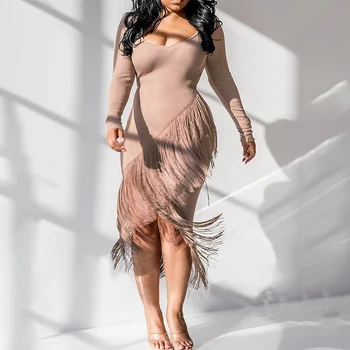 

O Neck Tassels Bodycon Sexy Dress Black Women Long Sleeve Autumn Winter Club Slim fit Evening Party Dresses Cocktail vestido D30