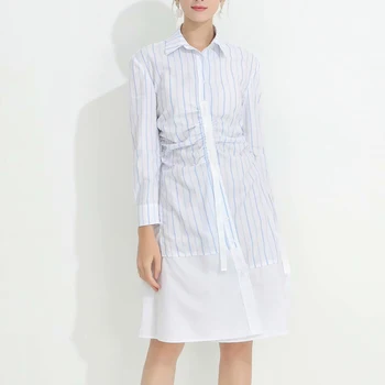 

Spring And Summer New High-Quality Striped Print Streamer Folds Simple And Elegant Single-Breasted Long-Sleeved Shirt Dress