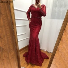 Платья для выпускного вечера с длинным рукавом винно-красного цвета с жемчугом модное роскошное платье для выпускного вечера настоящая фотография Дубай BLA6428
