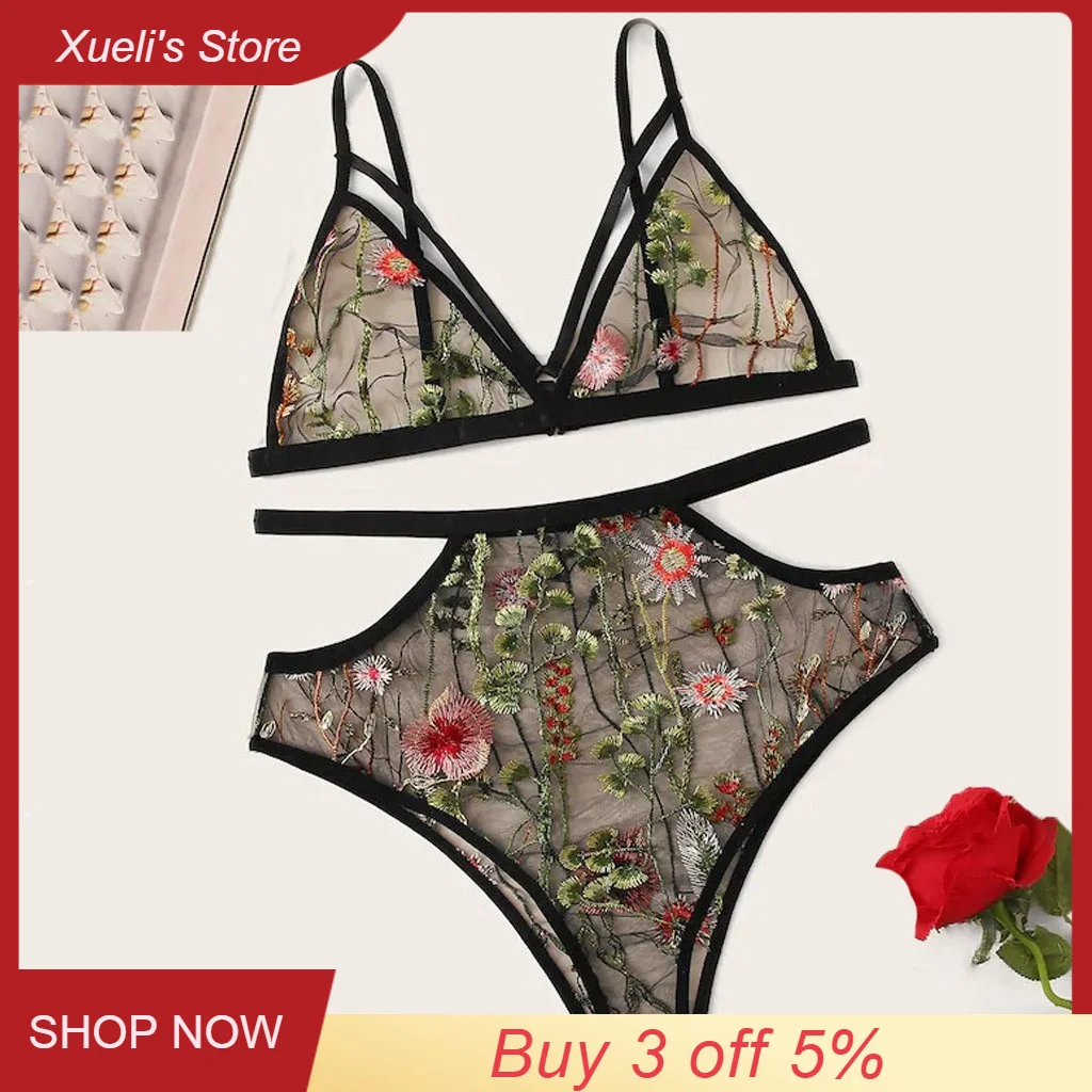 Женское нижнее белье с кружевами цветочным узором комплект сексуального