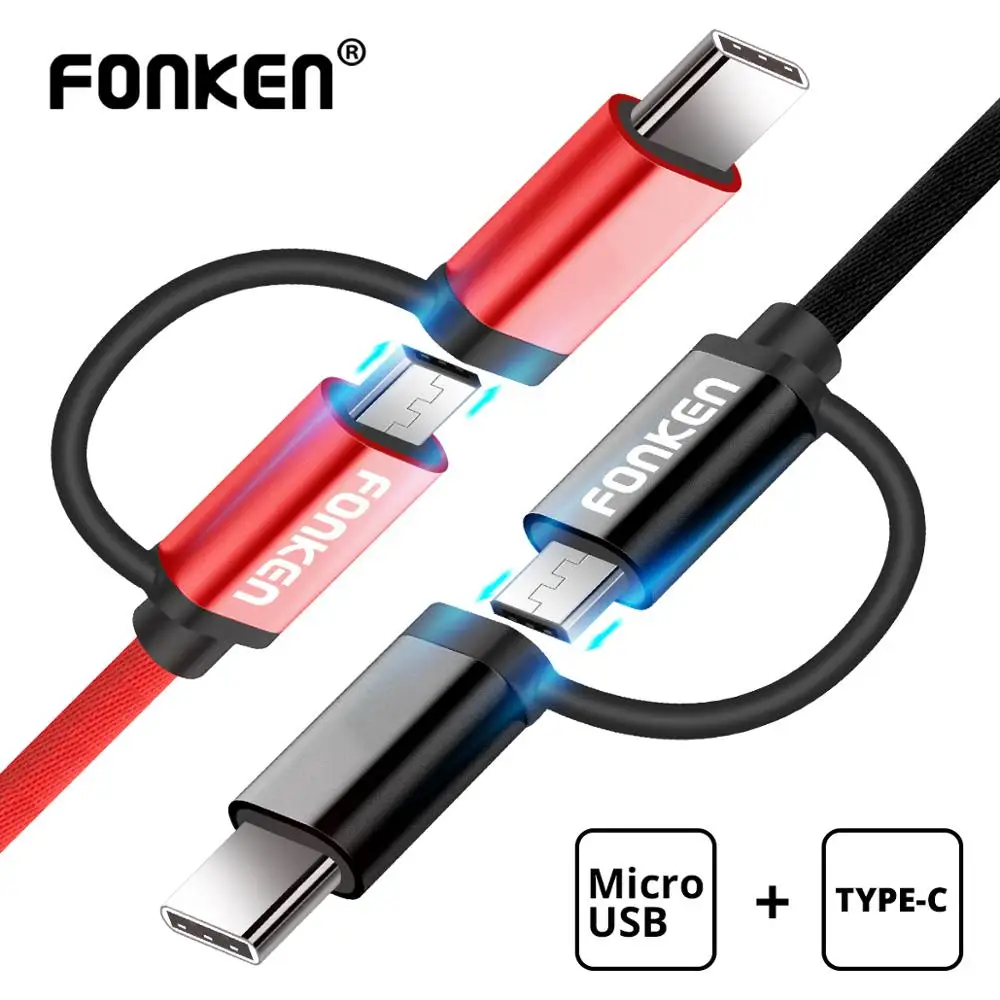 FONKEN Micro usb type C USB кабель 2 в 1 двойной USB разъем для зарядки телефона шнур type-C зарядка для мобильных телефонов Android кабели
