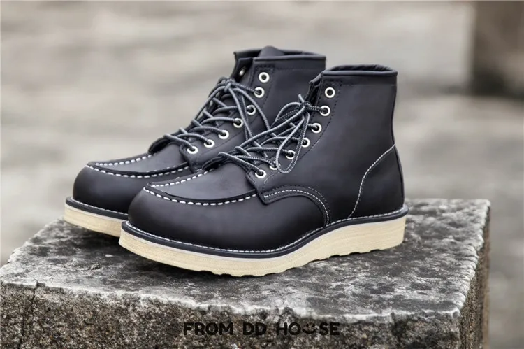 Black-1 Goodyear/Винтажные ботильоны в байкерском стиле из натуральной кожи; мужская повседневная обувь с квадратным верхом и крыльями; рабочие красные ботинки; Мужская обувь в стиле панк - Цвет: Black-1