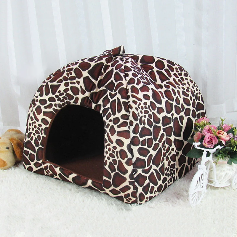 Leopard Warm Cat House Foldable Leopard Strawberry Dog Bed Animal Cave Nest Pet House Products - Цвет: Leopard