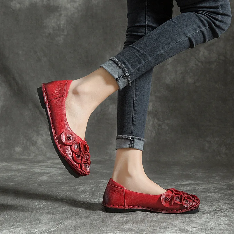 

[] 2019 Spring New Style Harajuku Ethnic-Style Comfortable Handmade WOMEN'S Genuine Leather Shoes Shallow Mouth round Shoes