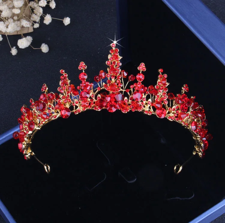 1Pcs Crown Барокко Винтаж Золотой Красный Кристалл Свадебный комплект ювелирных изделий с драгоценными камнями тиары Чокеры ожерелье серьги набор африканские бусины набор ювелирных изделий - Окраска металла: 1Pcs Crown