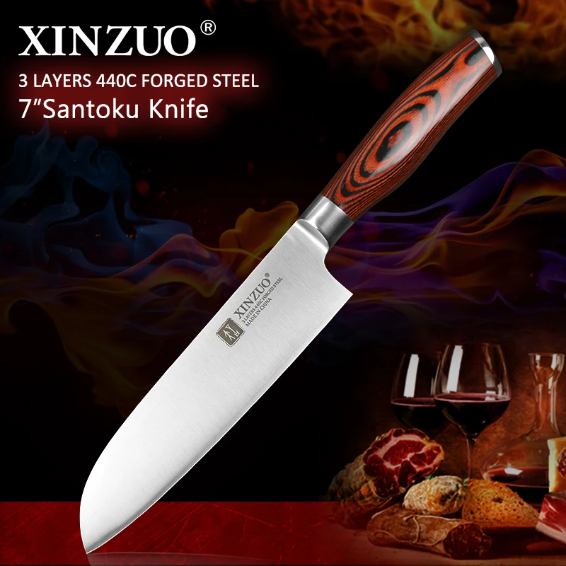 XINZUO 7 ''дюймовый нож Santoku немецкий 3 слоя 440C плакированный стальной нож из нержавеющей стали японский стиль шеф-повара с деревянной ручкой Pakka