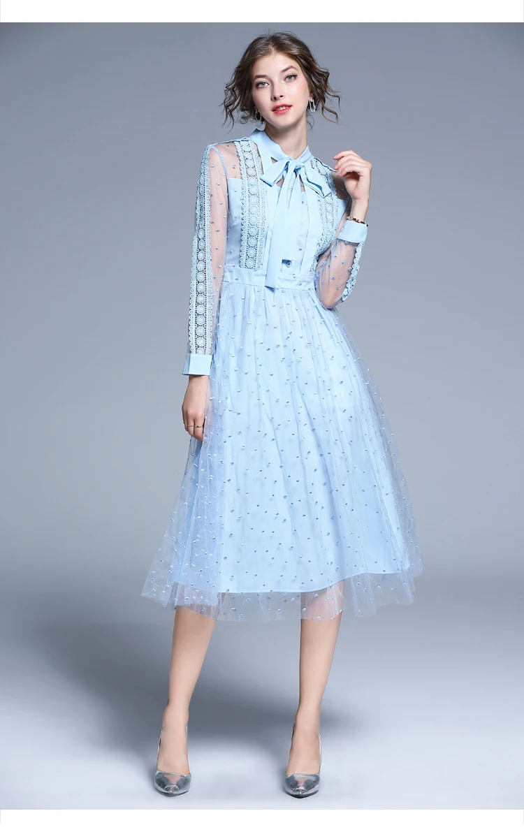 Blue Lace Patchwork Mid-calf A-line Elegant Office Dress