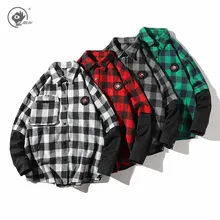 Little Rain Men's Spring Plaid Shirts 2020 Men Fashion Fake Two Shirts Long Sleeve Blouse Streetwear Loose Tops Male Shirts