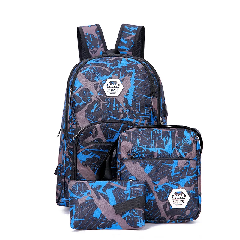 

Backpack Men Students Trend Casual Three-piece Set Computer Bag Female Backpack USB Rechargeable School Bag