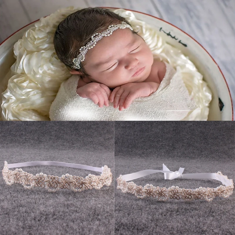 Новинка 2017 года для новорожденных повязка на голову с жемчужным цветком для девочки, аксессуары для волос, реквизит для фотографирования