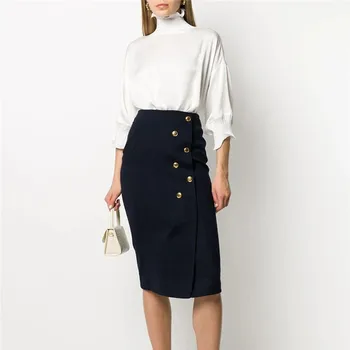 

Runway Brand Midi Skirts Womens 2020 Elegant Office Lady Double Breasted Pencil Skirt Women High Waist Long Business Skirts