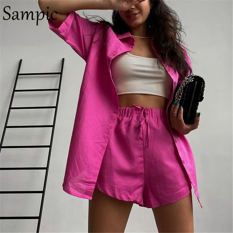 Sampic Casual Lounge Wear Summer Green Tracksuit Women Shorts Set Short Sleeve Shirt Tops And Loose Mini Shorts Two Piece Set loungewear sets