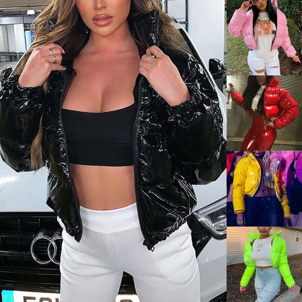 Fashion Bubble Coat Casual Solid Stand Collar Cropped Club Down Jacket For Women PU Leather Winter Zip Thick Puffer Jackets 2021 1