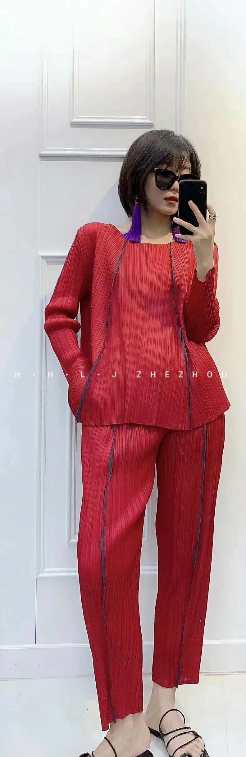 Miyake fashion suit fold o-neck long sleeve T-shirt+ nine points Harem pants two-piece outfit IN STOCK