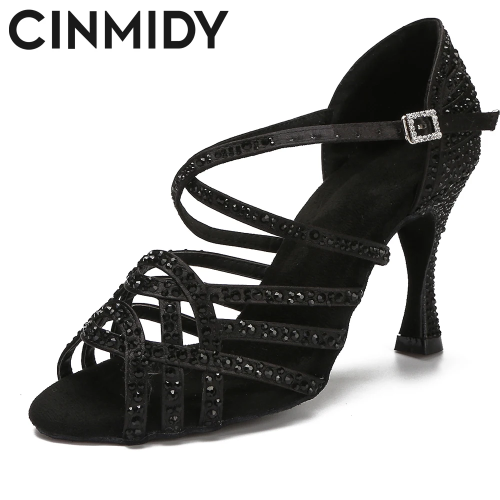 Women's Latin Dance Shoes Tango Ballroom Dance Training Shoes Ladys Girls Sandals Rhinestone Wedding High Heels Purple/Black dance shoes