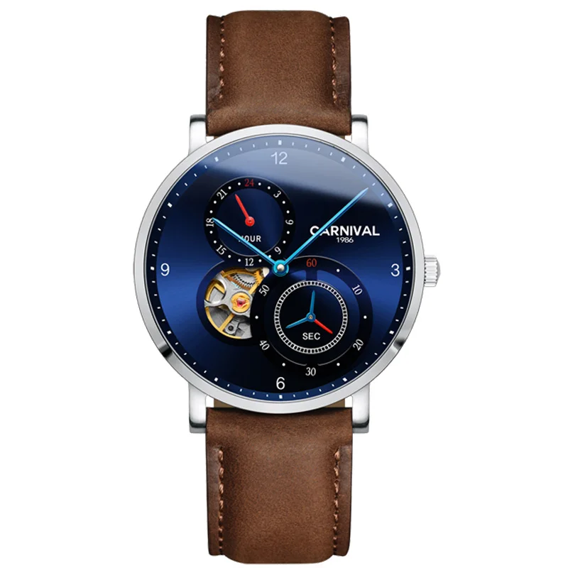 Leather Brown Карнавальные автоматические часы мужские модные механические часы с турбийоном маленький Второй Циферблат 24 часа дисплей сапфировый Montre homme - Цвет: Leather Brown