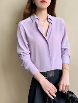 

NEW EQ 100% real silk women long sleeve blouses grey violet