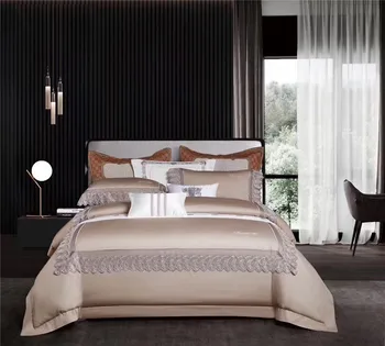 

Chic Feather Lace Grey Duvet Cover Set 1000TC Egyptian Cotton Bedding set Soft Bed sheet/Linen Pillowcase Queen King size 4Pcs
