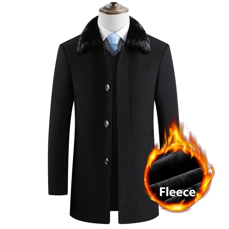 black fur collar Мужское теплое шерстяное пальто Зимняя Повседневная ветровка длинное меховое пальто воротник парка тонкий крой 4XL шерстяной Тренч куртка мужская - Цвет: black fur collar