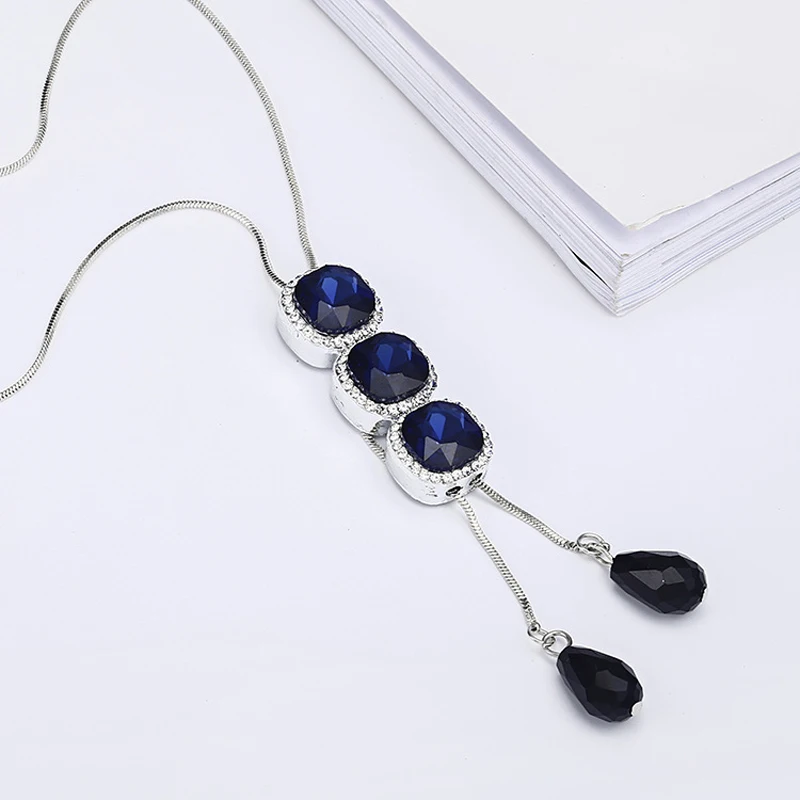 ELIfahsion кристалл три круга синий кулон длинное ожерелье Женская цепочка для зимнего свитера универсальные аксессуары Мода для женщин