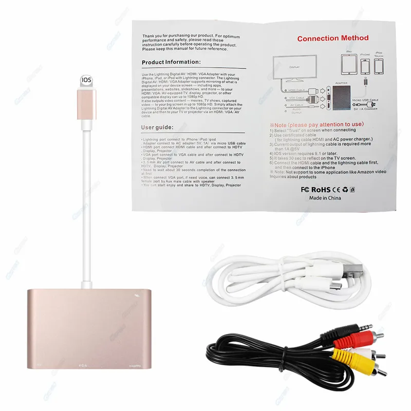 4 в 1 для Lightning-HDMI VGA AV адаптер конвертер Plug and Play 1080p HD цифровой видео аудио адаптер для iPhone X 8 7 Plus
