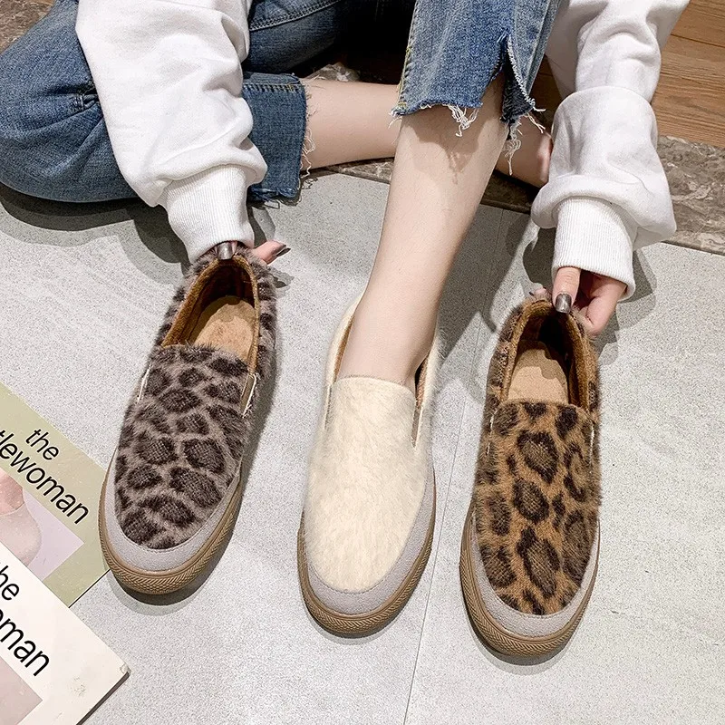 

2019 Autumn Winter flock women flats slip-on women Mules round toe leopard platform short plush Anti-slip zapatos de mujer