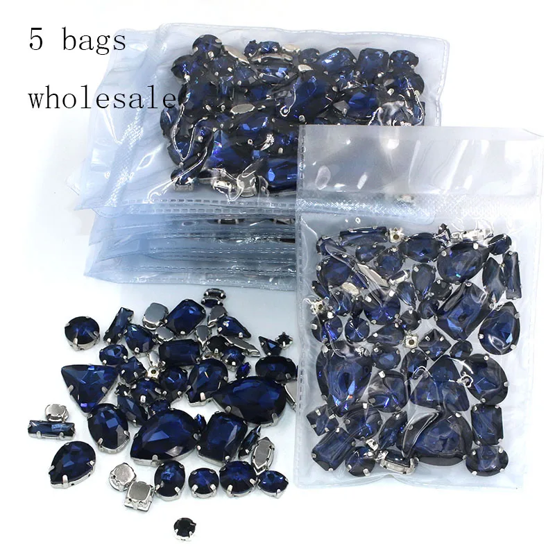 

Clothing accessories Wholesale 5 bags mixed shape glass crystal sliver base Ink-blue sew on rhinestones diy wedding dress