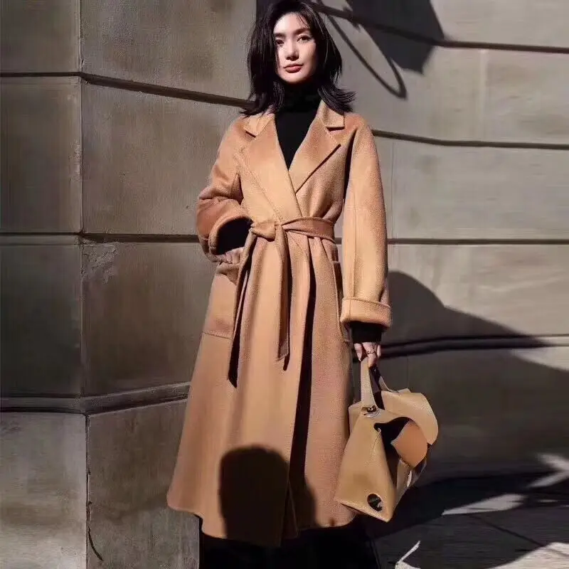 

New High Quality Robe Style Handmade Doube Faced wavy Wool Coat Winter Outerwear Loose Oversize Women's Autumn Coat with Belt